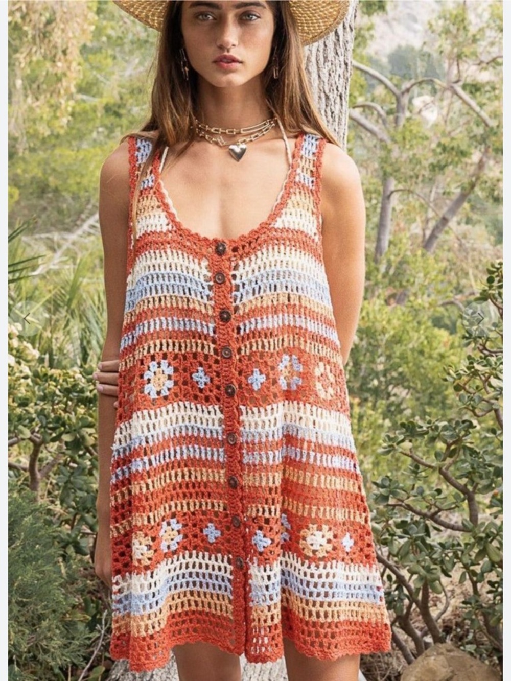 POL Crochet Button Front Tank Dress in Rust, Cream & Light Blue• Small